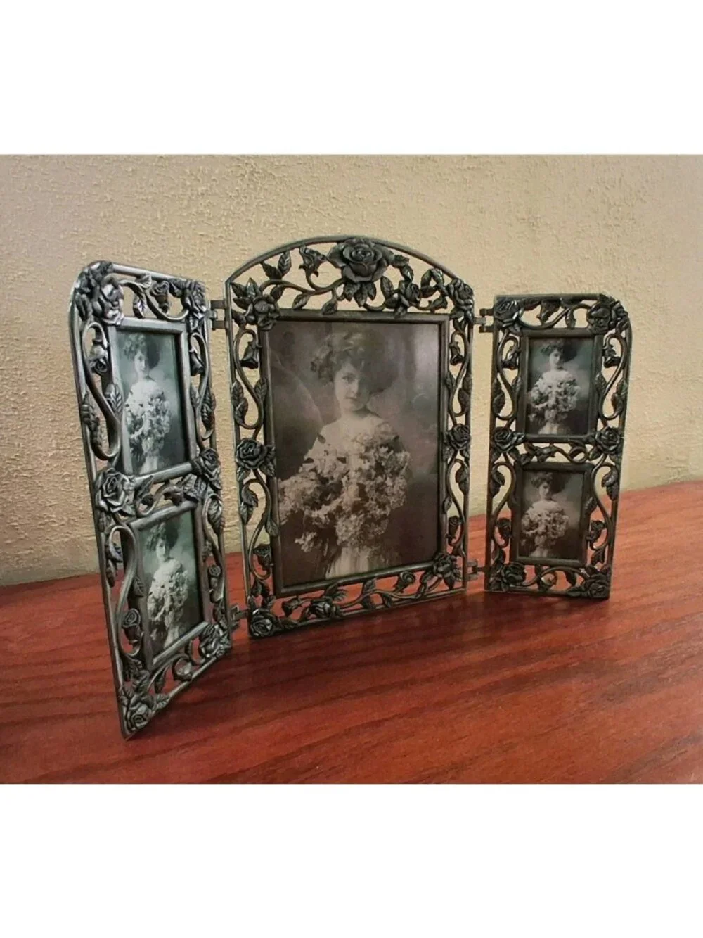 Frame Silver Pewter Victorian Style Trifold Rose Holds 5 Photos 5x7 & 2x3s Vtg